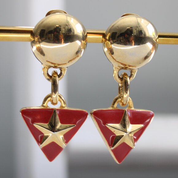 Vintage 80's Gold Red Triangle Stars Women's Clip-On Drop Dangle Earrings - Picture 1 of 3